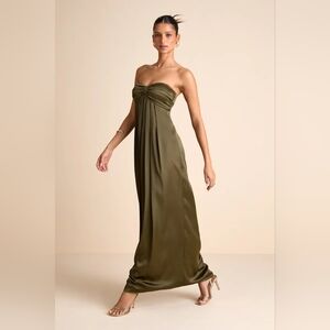 Lulus “Memorable Entrance” Olive Green Strapless Satin Maxi Dress NWT